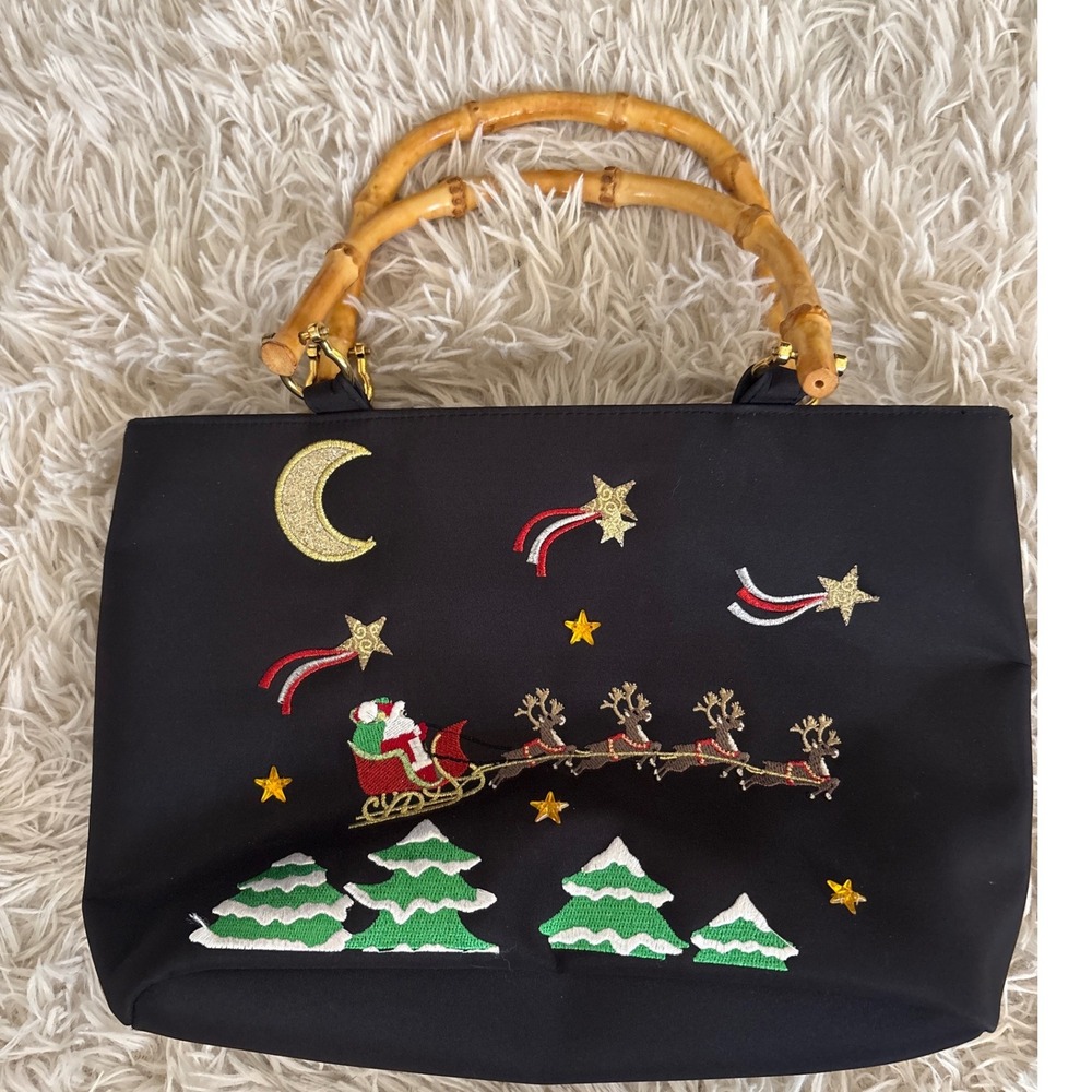 Kim‎ Rogers Black Christmas Santa Reindeer Bamboo Handle Tote Bag
